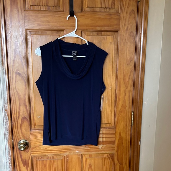 Clara Sun Woo Navy Sleeveless Blouse cowl neck tank
